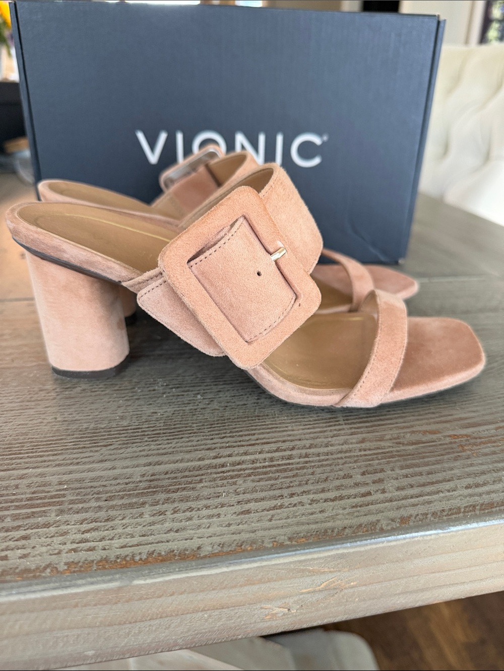 Vionic Women's Suede Brookell  Buckle Slide Sandals in Blush - Picture 4 of 15